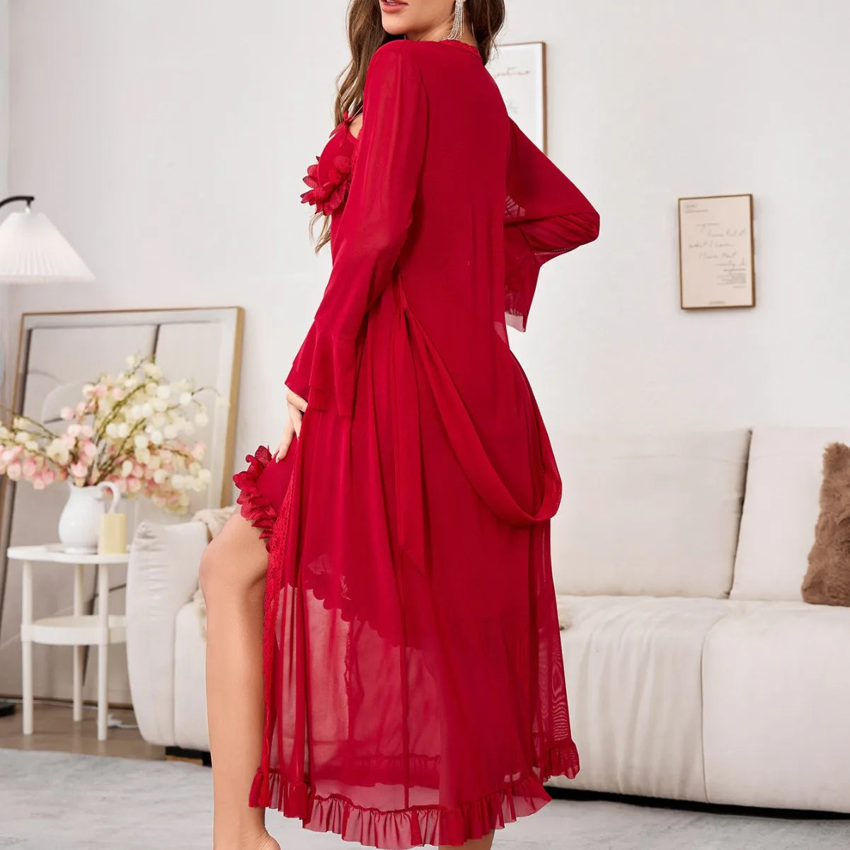 ‌Sheer Mesh Robe Set - Flared Sleeve Long Nightgown with G-string, Elegant Loungewear
