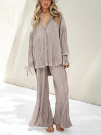 Women's Two-Piece Outfit - V-Neck Top & Wide Leg Pants NoEnName_Null