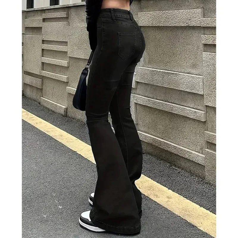 Women's Straight Denim Jeans - Mid Waist Distressed