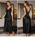 Sexy Long Chemise Nightgown Women Sleepwear Loungewear Patchwork Lace Deep V-Neck Nightdress Ice Silk Intimate Lingerie Homewear