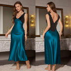 Sexy Long Chemise Nightgown Women Sleepwear Loungewear Patchwork Lace Deep V-Neck Nightdress Ice Silk Intimate Lingerie Homewear
