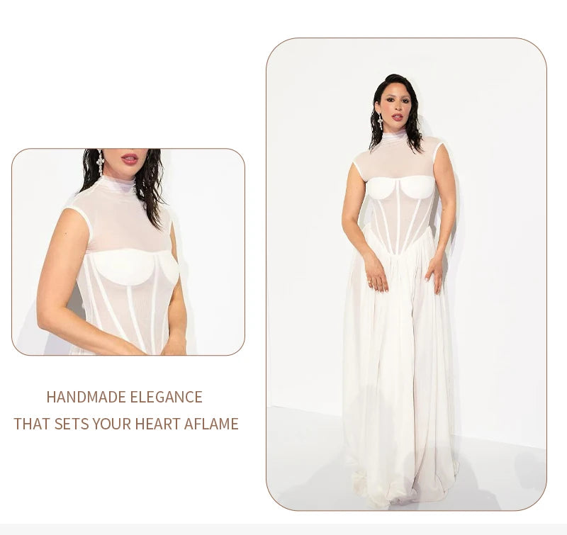 Elegant White Sheer Illusion Dress with Tulle Skirt–Temperament Sleeveless
