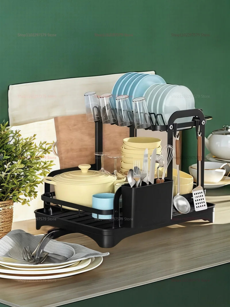2-Tier Dish Drying Rack with Drainage Basket – Expandable Kitchen Sink Organizer