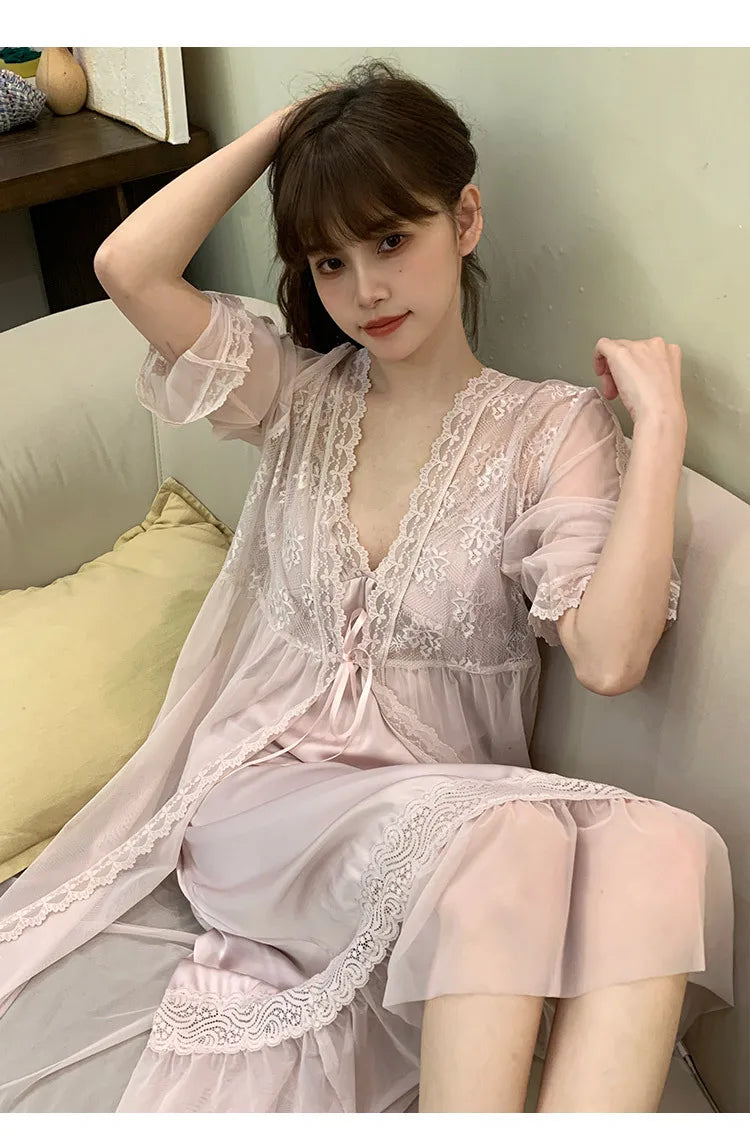 Female Nighty&Robe Set Perspective Temptation Nightgown Intimate Lingerie