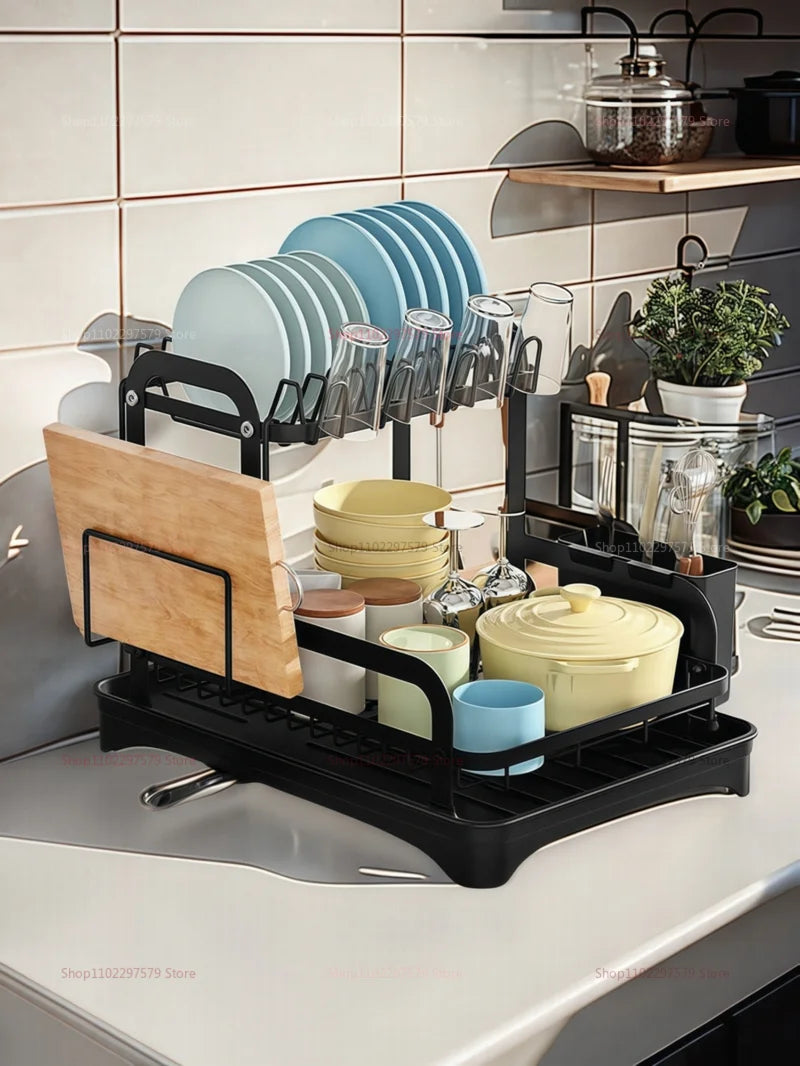 2-Tier Dish Drying Rack with Drainage Basket – Expandable Kitchen Sink Organizer