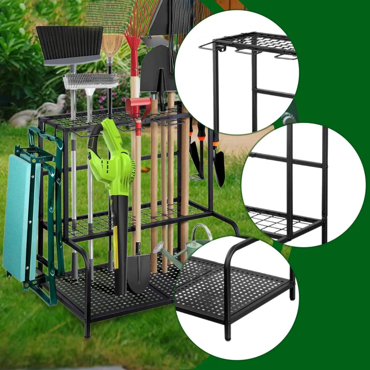 Carbon Steel Garden Tool Organizer - 3-Tier Storage Rack