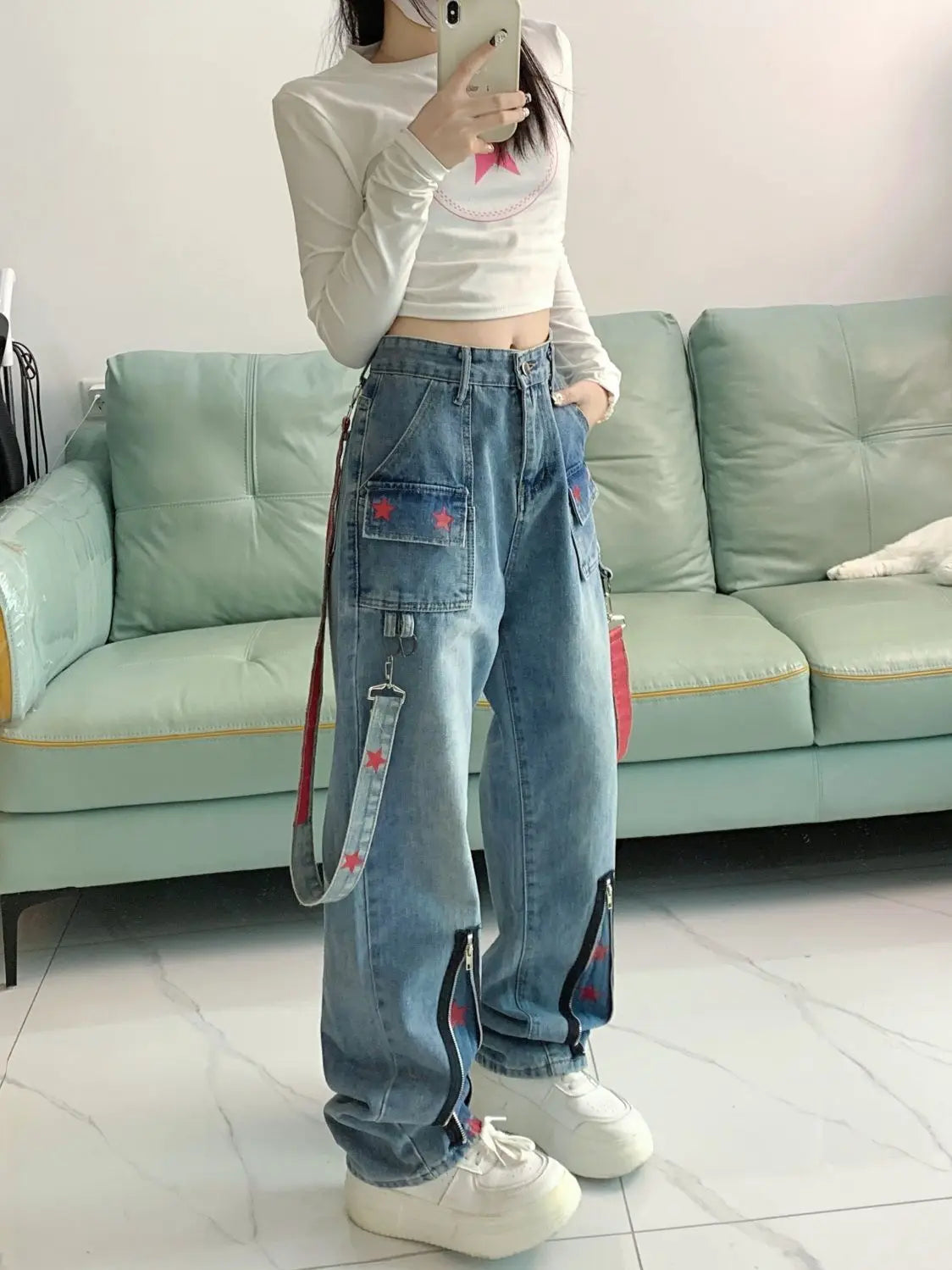 Straight Retro Zipper Star Work Jeans for Men and Women High Street Wide Leg Pants