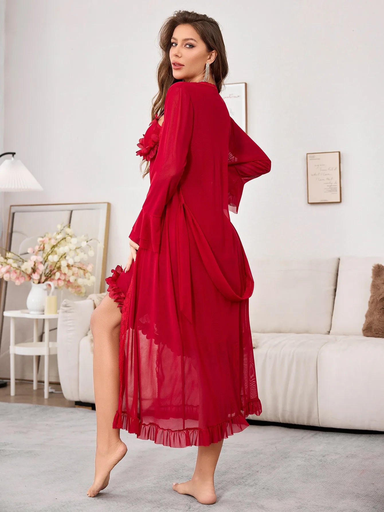 ‌Sheer Mesh Robe Set - Flared Sleeve Long Nightgown with G-string, Elegant Loungewear
