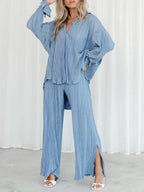 Women's Two-Piece Outfit - V-Neck Top & Wide Leg Pants NoEnName_Null