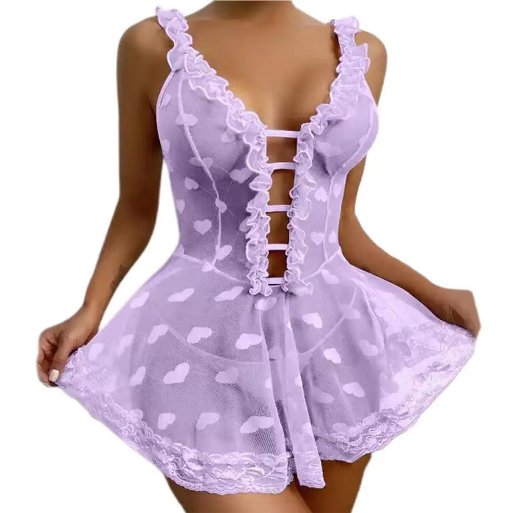 Chemise Women Night Dress Sleeveless Transparent Deep V Neck Love Heart Pattern Women Sexy Women Nightgown Sweet Slip Dress