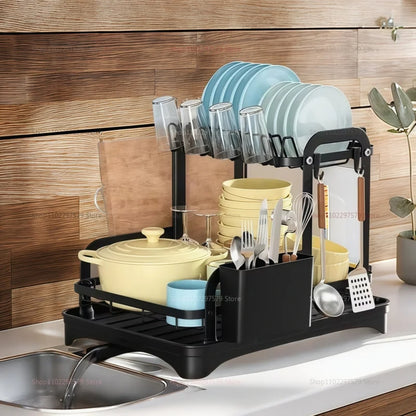 2-Tier Dish Drying Rack with Drainage Basket – Expandable Kitchen Sink Organizer