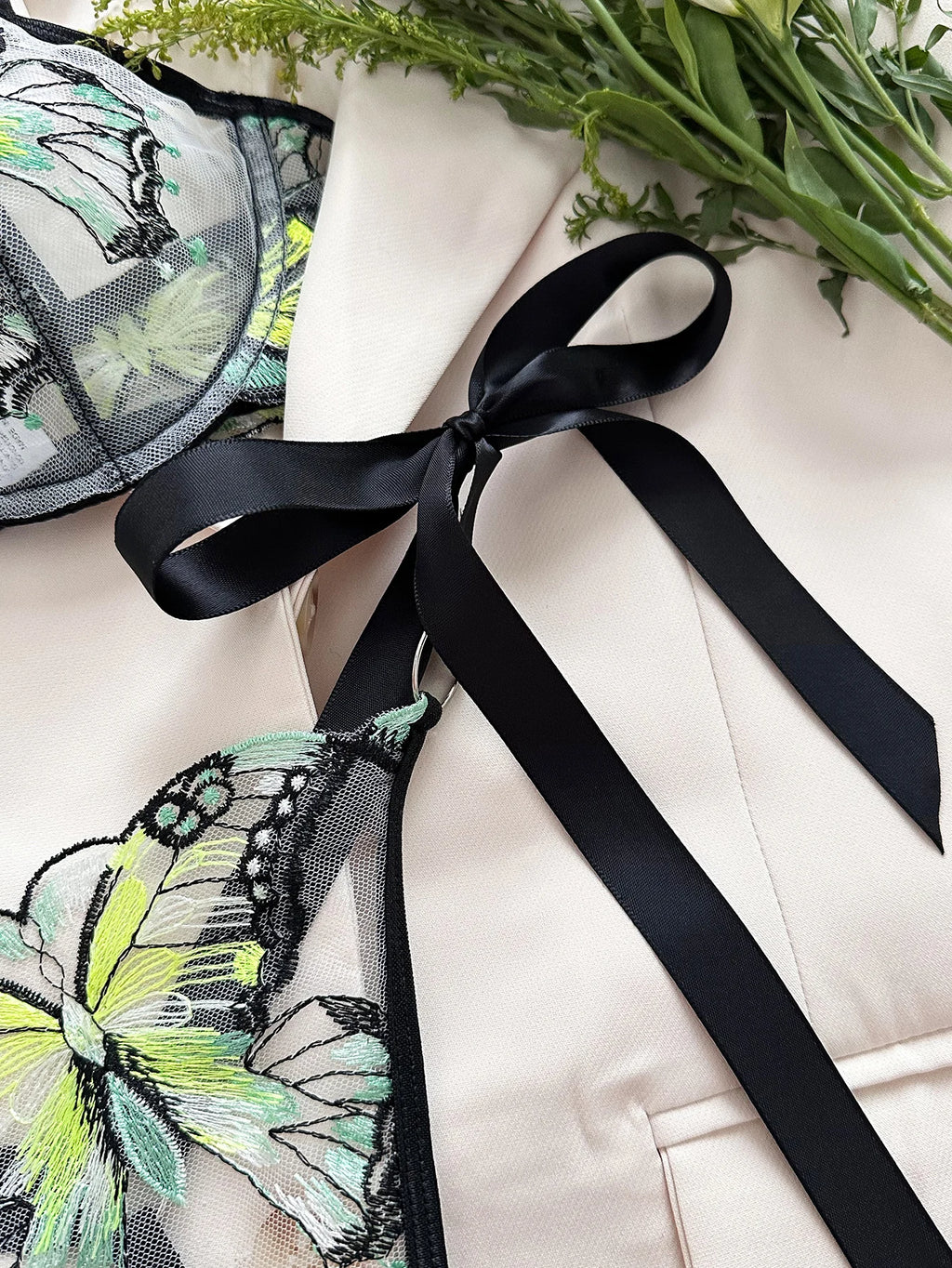 Butterfly Lingerie Set Sexy Hot Sheer Mesh Embroidery Bra & Panty