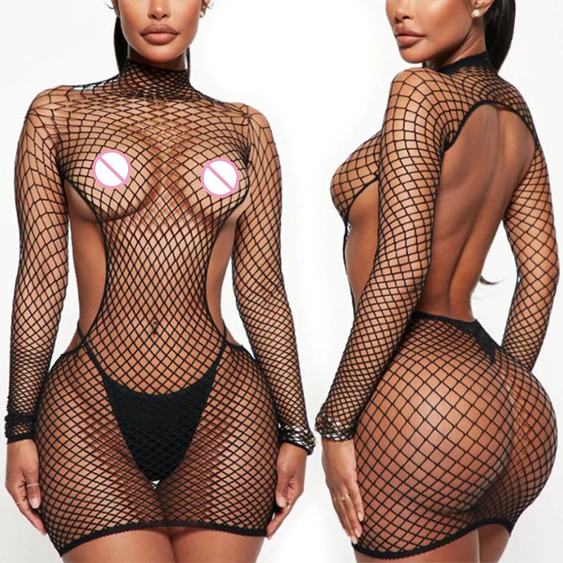 Teddy Crotchless Baby Doll Dress Sexy Lingerie Women Fishnet Hollow Open Bra Underwear Erotic Apparel Hanging Neck Bodystockings