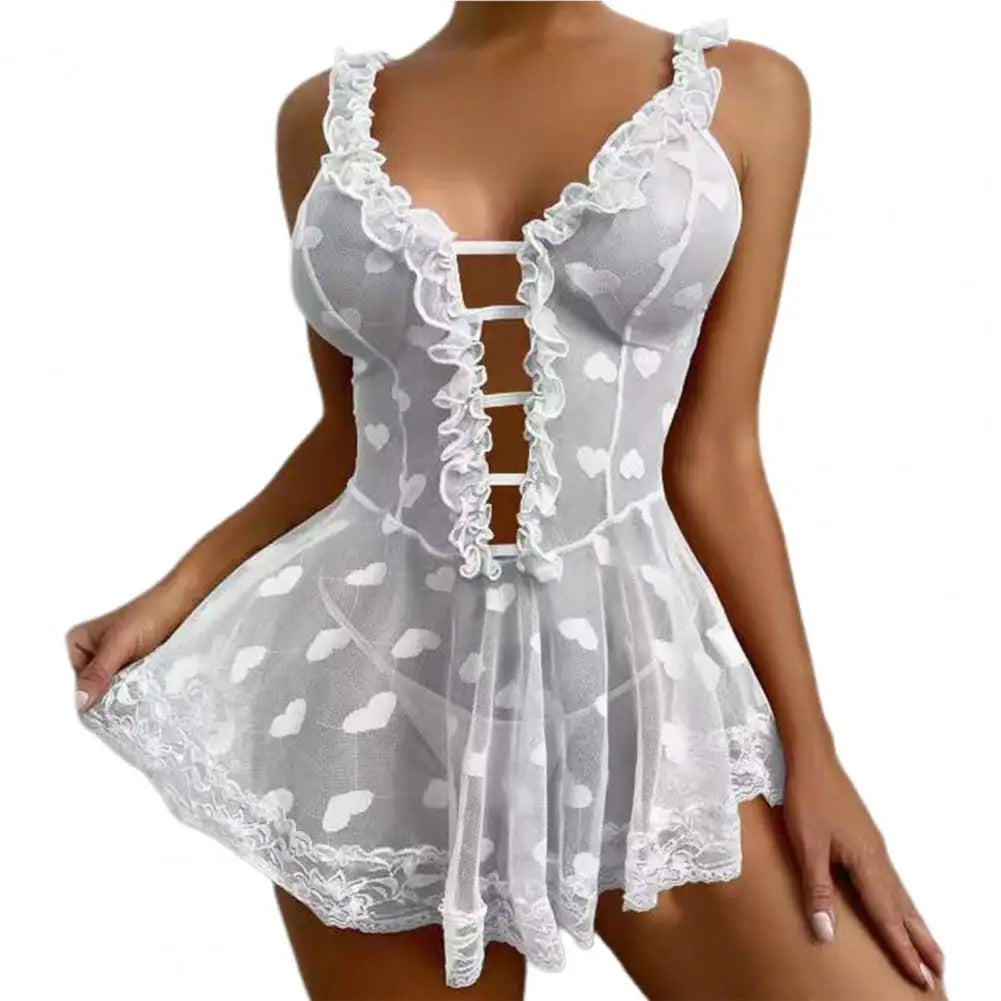 Chemise Women Night Dress Sleeveless Transparent Deep V Neck Love Heart Pattern Women Sexy Women Nightgown Sweet Slip Dress