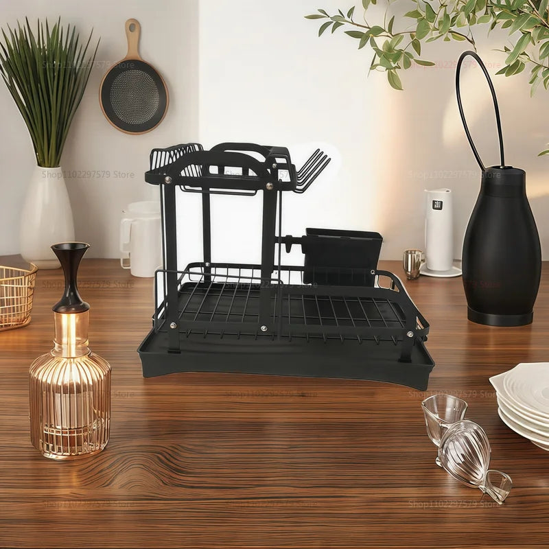 2-Tier Dish Drying Rack with Drainage Basket – Expandable Kitchen Sink Organizer
