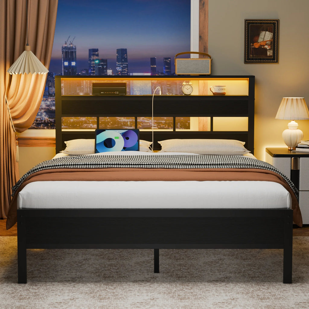 Satifur Full/Queen Size Bed Frame with LED Light and Charging Station Satifur