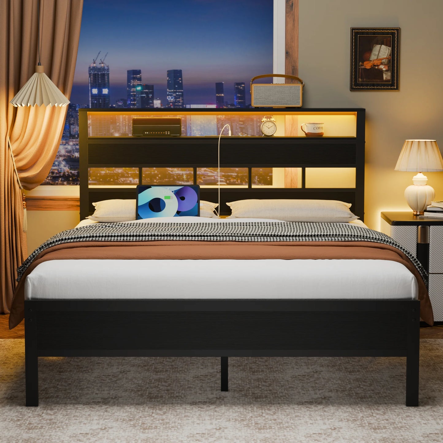 Satifur Full/Queen Size Bed Frame with LED Light and Charging Station