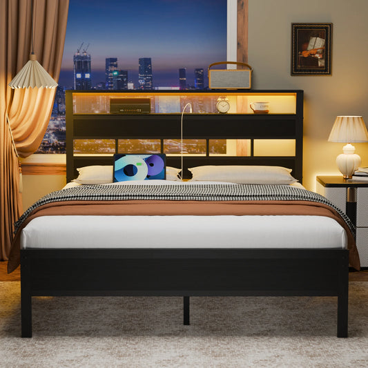 Satifur Full/Queen Size Bed Frame with LED Light and Charging Station