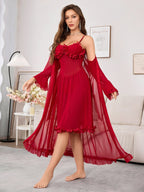 ‌Sheer Mesh Robe Set - Flared Sleeve Long Nightgown with G-string, Elegant Loungewear