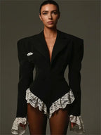 Lace Fashion Suit Jumpsuit Female Blazer Body Top V-Neck Slim Long Sleeve Sexy Cardigan Streetwear Women Black Rompers New