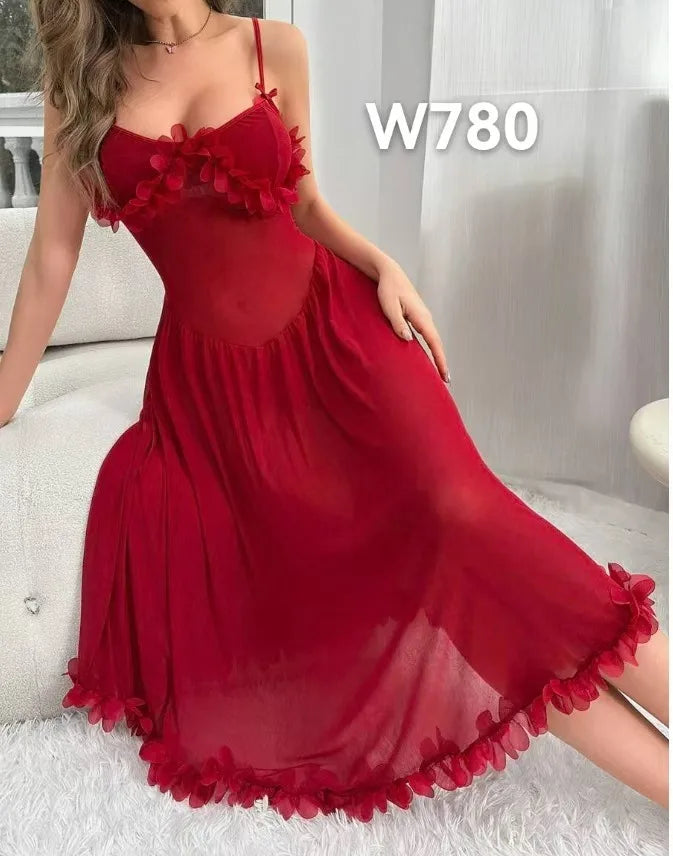 ‌Sheer Mesh Robe Set - Flared Sleeve Long Nightgown with G-string, Elegant Loungewear