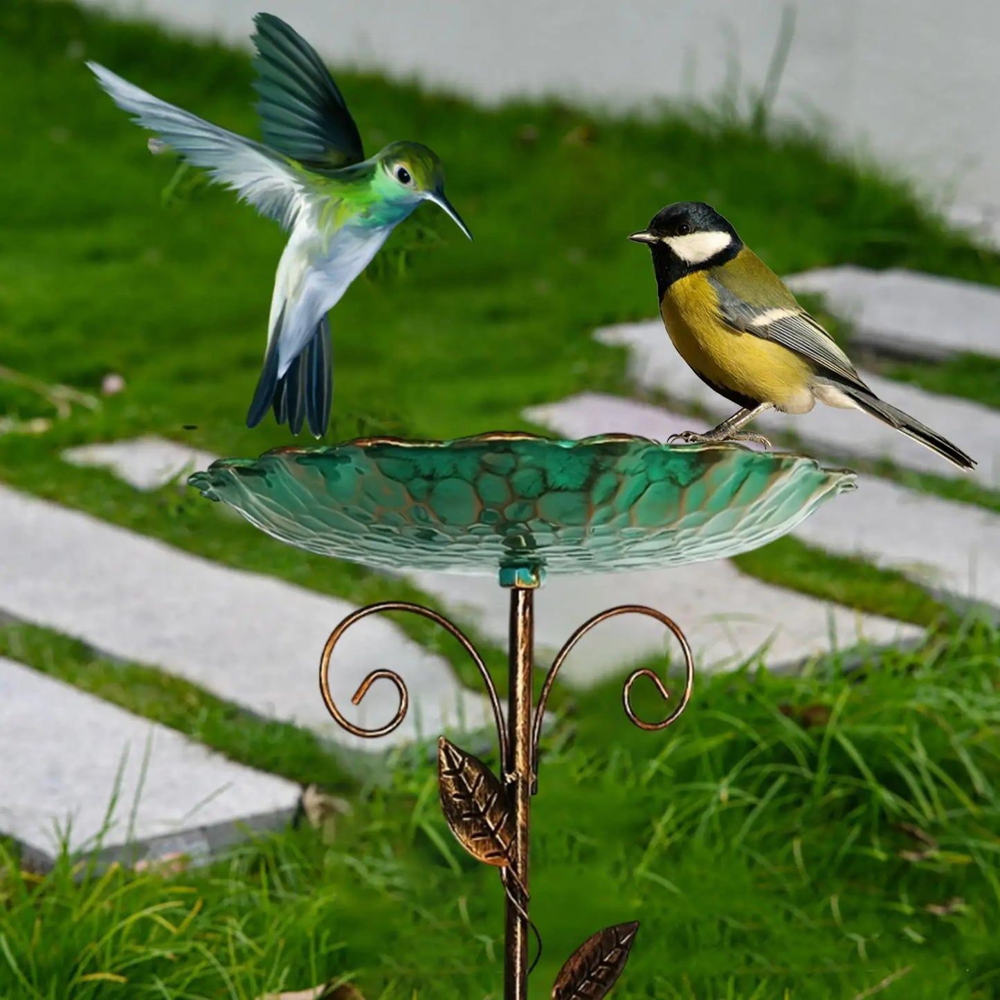Metal Bird Bath - 5-Prong Base Stake Weatherproof Feeder