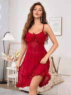 ‌Sheer Mesh Robe Set - Flared Sleeve Long Nightgown with G-string, Elegant Loungewear