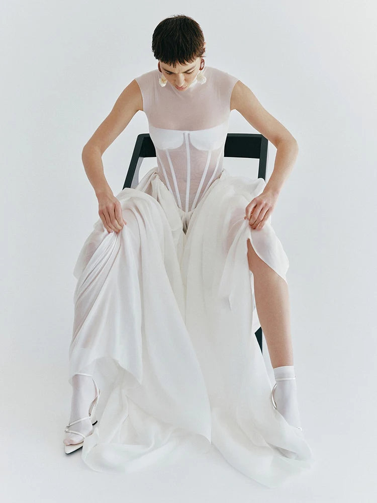 Elegant White Sheer Illusion Dress with Tulle Skirt–Temperament Sleeveless