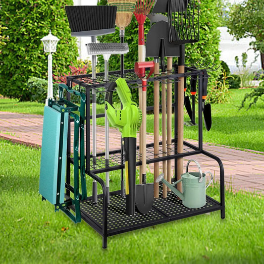 Carbon Steel Garden Tool Organizer - 3-Tier Storage Rack