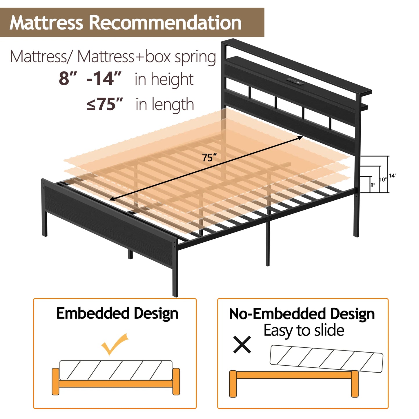 Satifur Full/Queen Size Bed Frame with LED Light and Charging Station