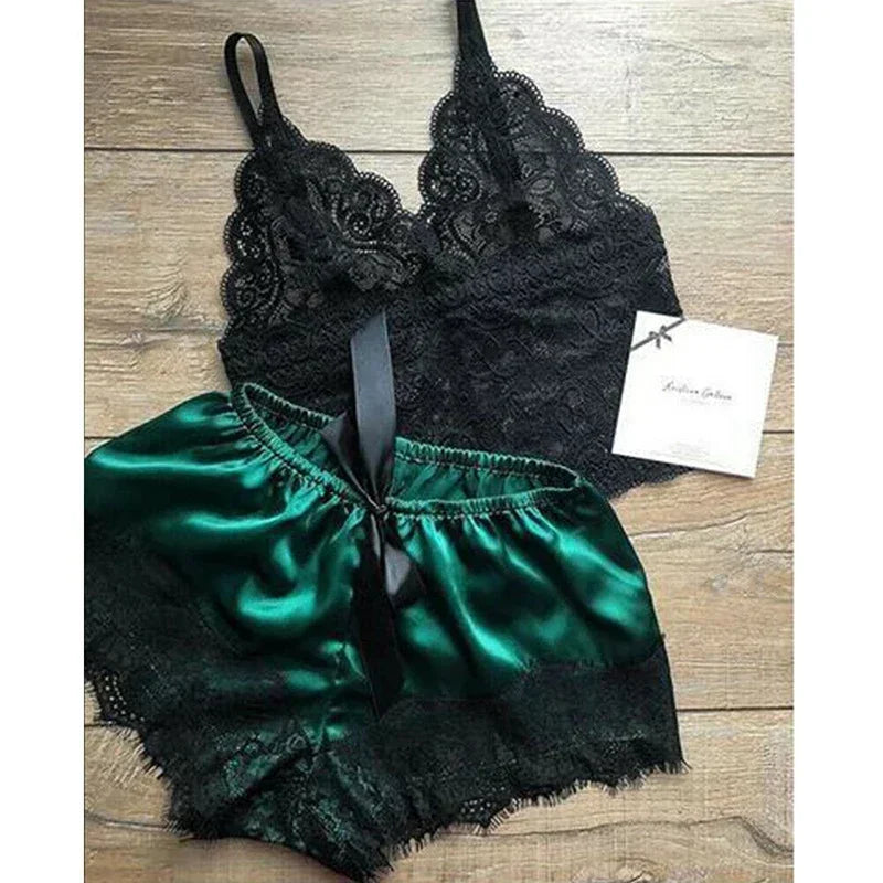 Sexy Womens Lace Sleepwear Lace Nachtkleding Lingerie Sleeveless V-Neck Babydoll Pajamas Set Lingerie Tops Shorts Set Nightwear