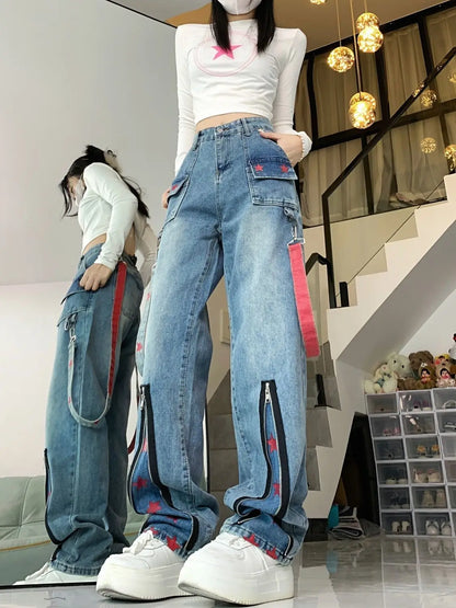 Straight Retro Zipper Star Work Jeans for Men and Women High Street Wide Leg Pants