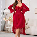 ‌Sheer Mesh Robe Set - Flared Sleeve Long Nightgown with G-string, Elegant Loungewear