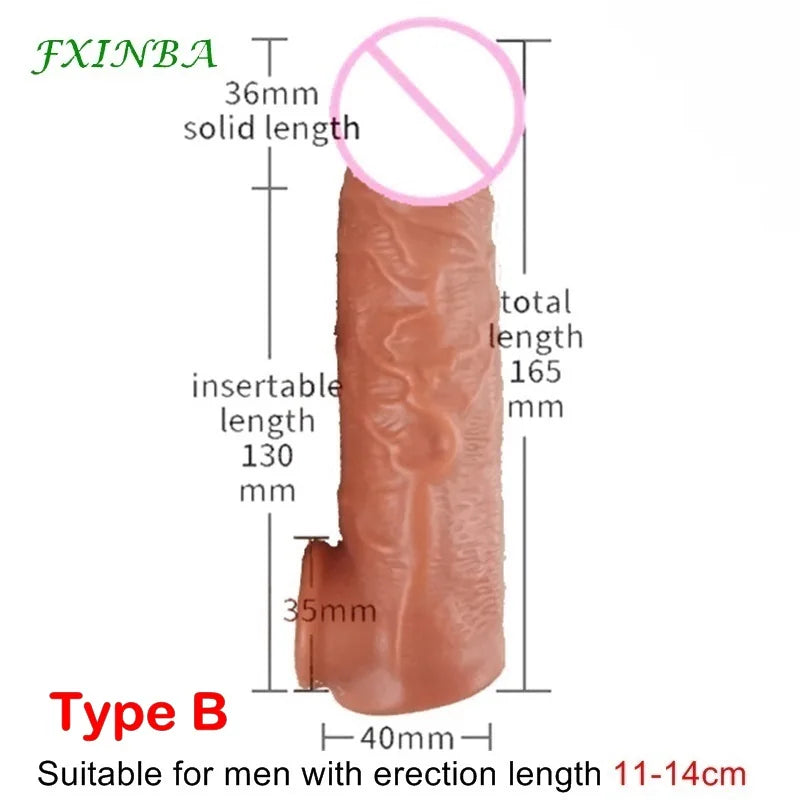Realistic Penis Sleeve Extender Long Reusable Condom