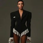 Lace Fashion Suit Jumpsuit Female Blazer Body Top V-Neck Slim Long Sleeve Sexy Cardigan Streetwear Women Black Rompers New
