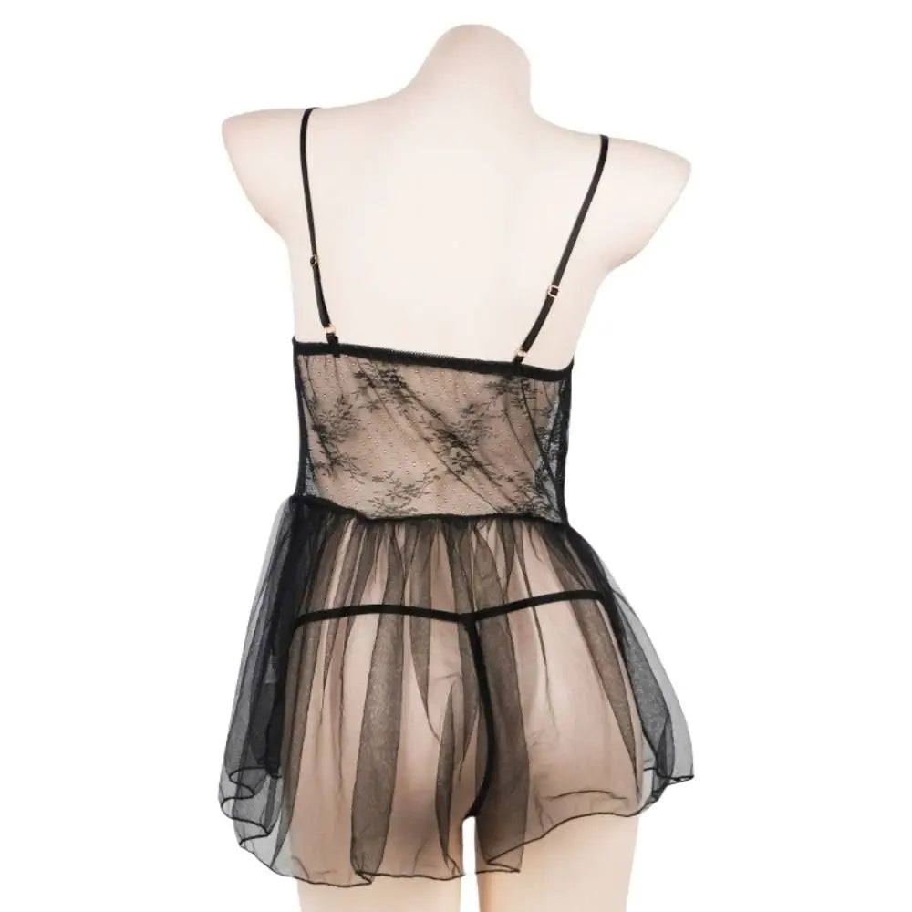 Fashion V Neck See Through Lace Nightdress Irregular Hem Flounce Sling Night Dress Lingerie Bowknot Lace Mesh Nightgown Sleep