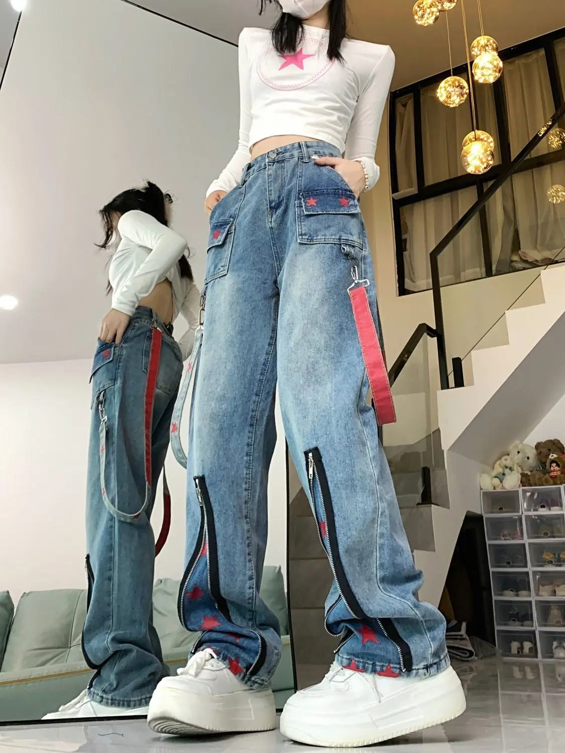 Straight Retro Zipper Star Work Jeans for Men and Women High Street Wide Leg Pants