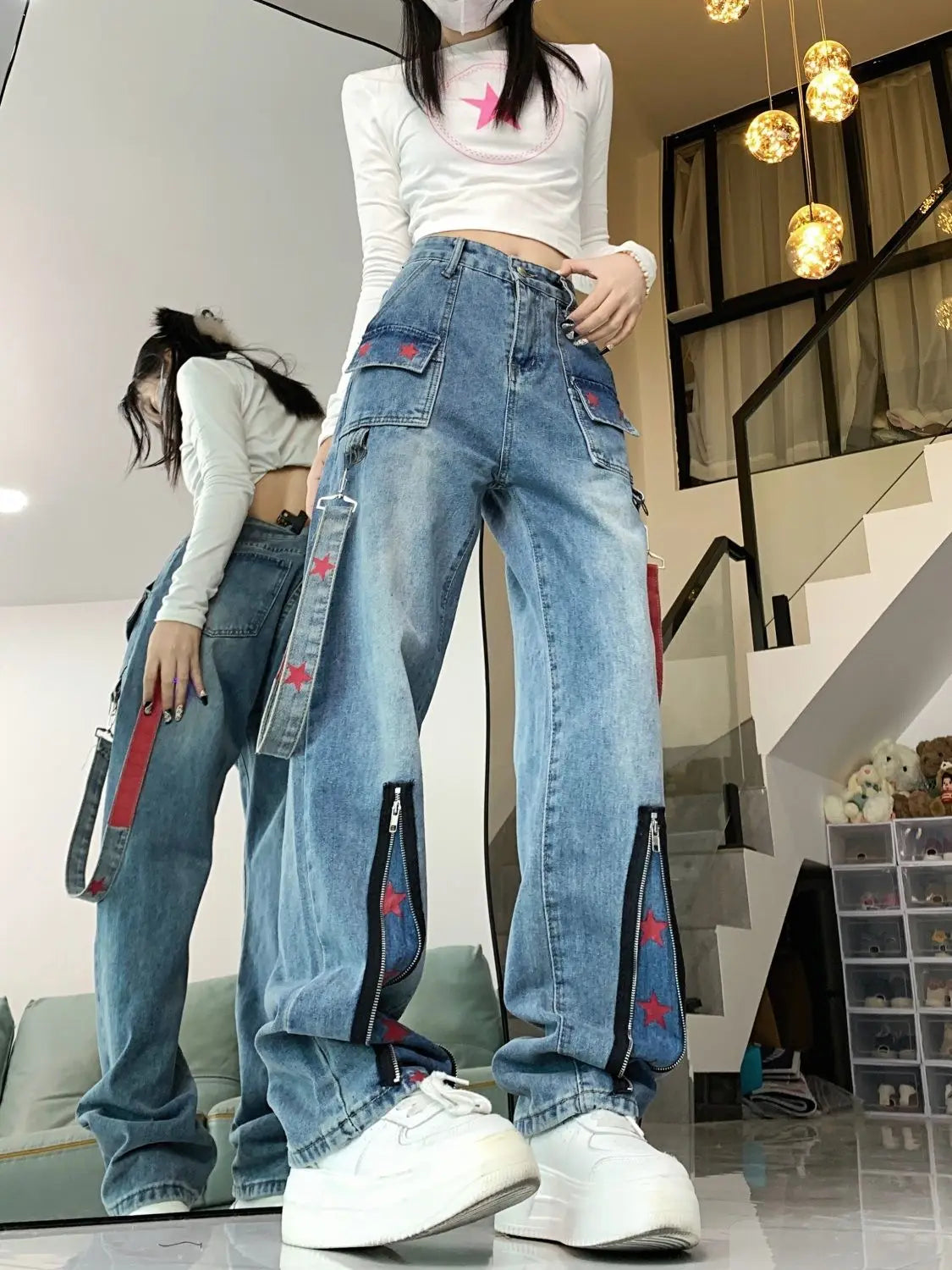Straight Retro Zipper Star Work Jeans for Men and Women High Street Wide Leg Pants