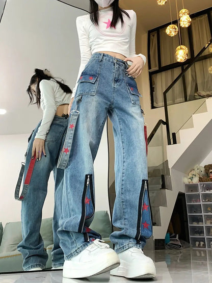 Straight Retro Zipper Star Work Jeans for Men and Women High Street Wide Leg Pants
