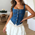 Denim Tank Top - Square Neck Button Vest The Max Mall