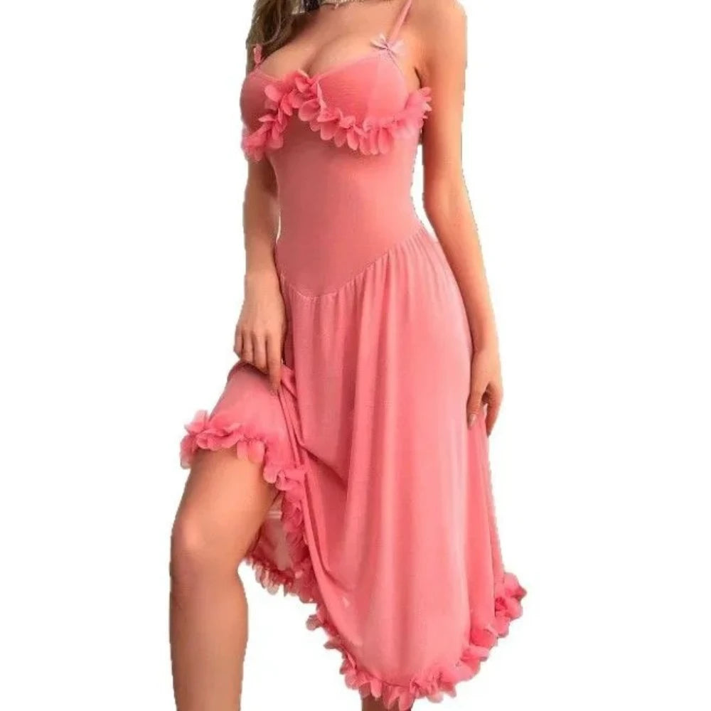 ‌Sheer Mesh Robe Set - Flared Sleeve Long Nightgown with G-string, Elegant Loungewear