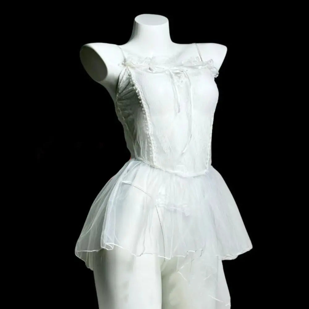 Fashion V Neck See Through Lace Nightdress Irregular Hem Flounce Sling Night Dress Lingerie Bowknot Lace Mesh Nightgown Sleep
