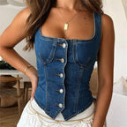 Denim Tank Top - Square Neck Button Vest The Max Mall