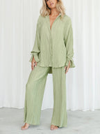 Women's Two-Piece Outfit - V-Neck Top & Wide Leg Pants NoEnName_Null