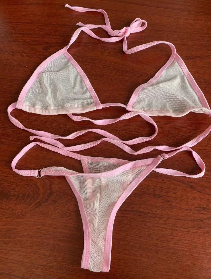 New Mesh G-String Bikini Brazilian Women Swimsuit See Through Bikini Set