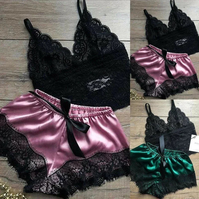 Sexy Womens Lace Sleepwear Lace Nachtkleding Lingerie Sleeveless V-Neck Babydoll Pajamas Set Lingerie Tops Shorts Set Nightwear