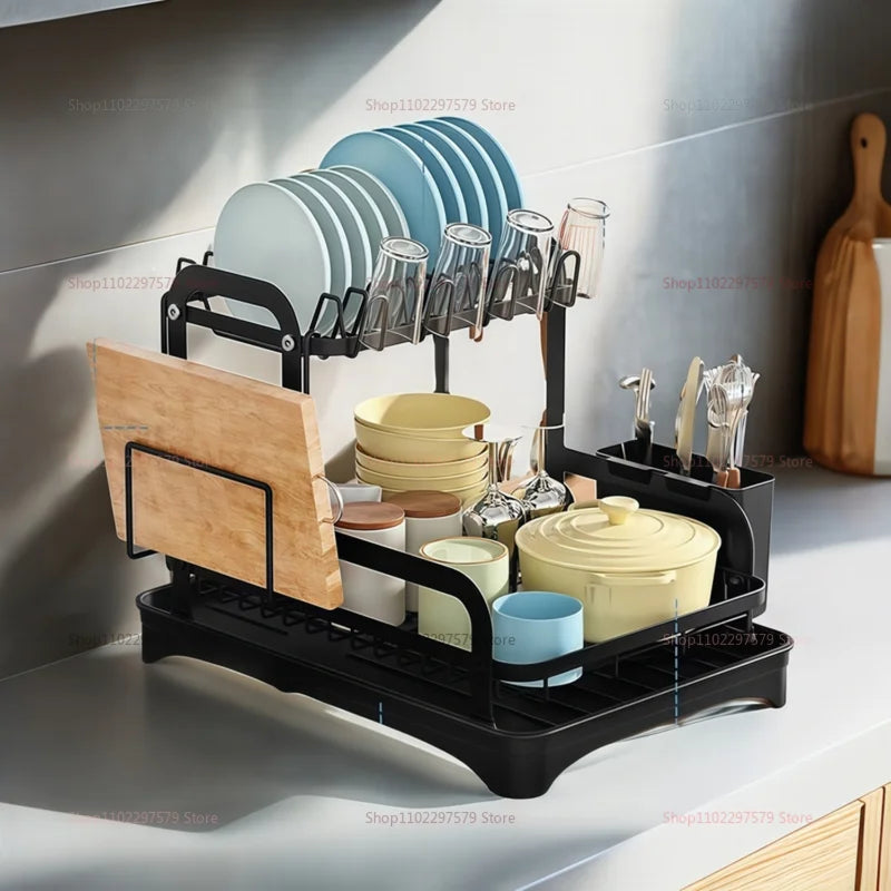 2-Tier Dish Drying Rack with Drainage Basket – Expandable Kitchen Sink Organizer
