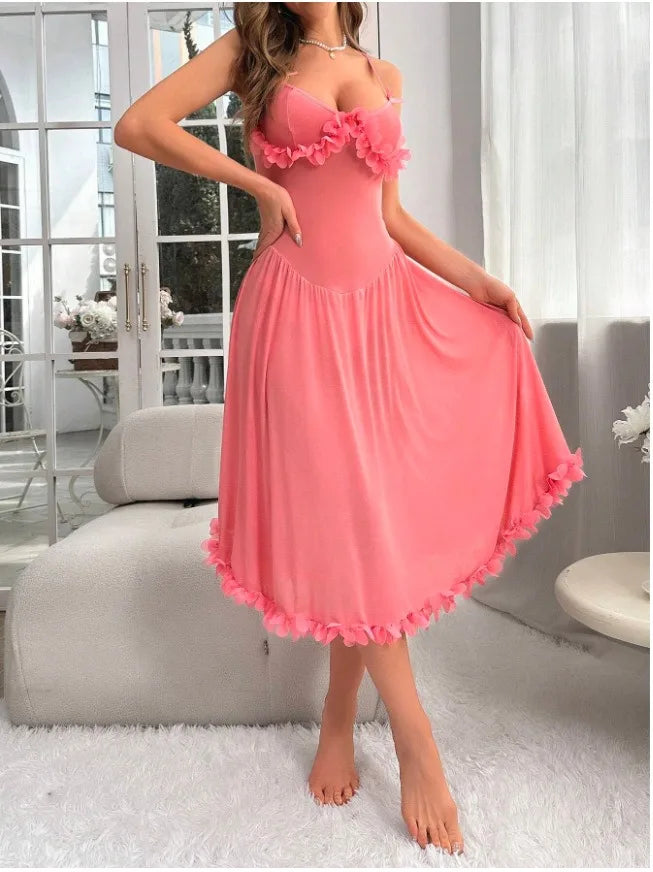 ‌Sheer Mesh Robe Set - Flared Sleeve Long Nightgown with G-string, Elegant Loungewear