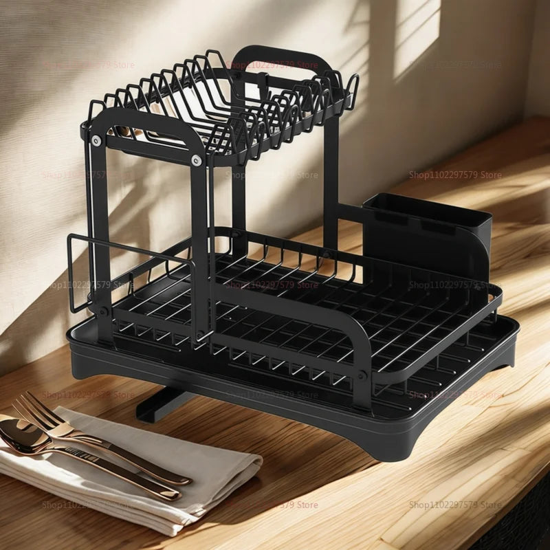 2-Tier Dish Drying Rack with Drainage Basket – Expandable Kitchen Sink Organizer