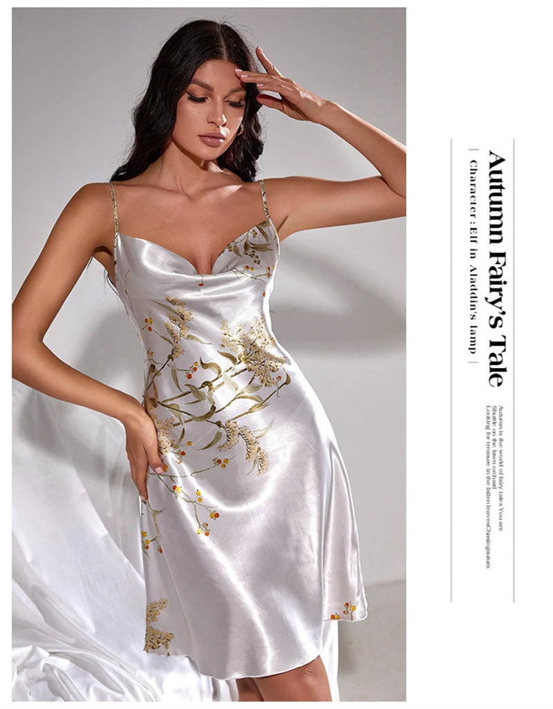 Chemise Nightgown Women Satin Kimono Dressing Gown Strap Sleepdress Rayon Printed Cherry Nightwear V-Neck Suspender Sleepwear